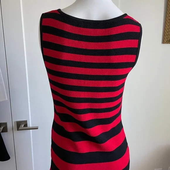 Carmen Marc Valvo Slvless Ribbed Rayon Nylon Knit Striped Dress Red Black Sz M - Picture 6 of 11
